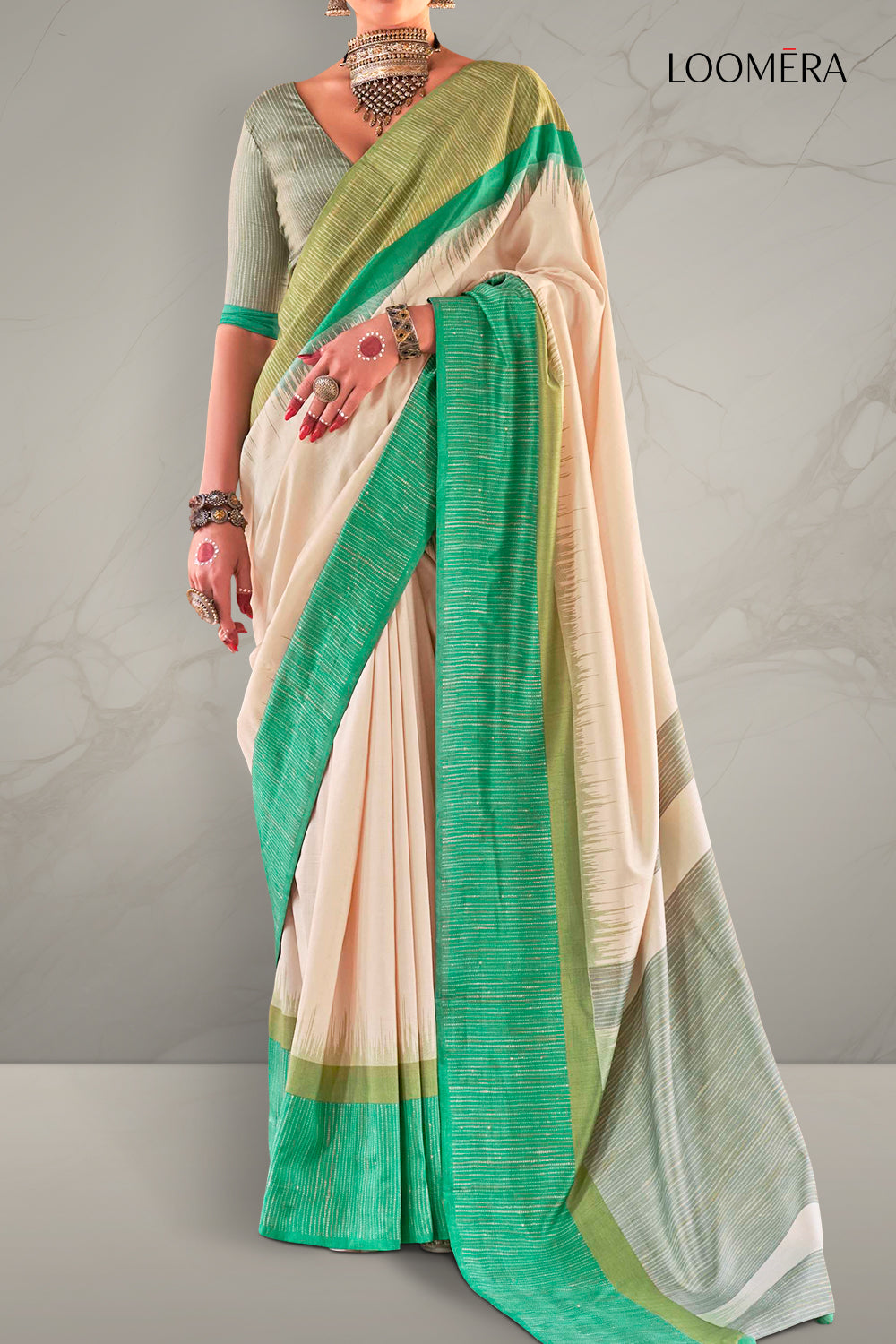 Beige and Green Sigma Silk Saree