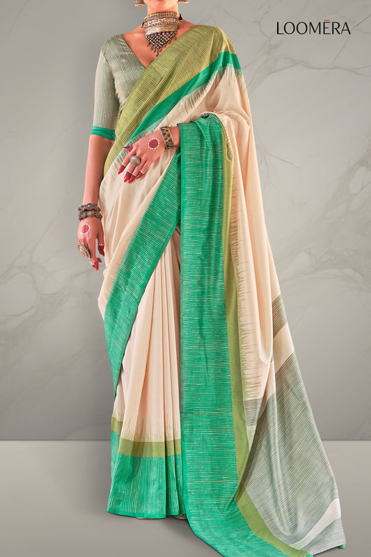 Beige and Green Sigma Silk Saree