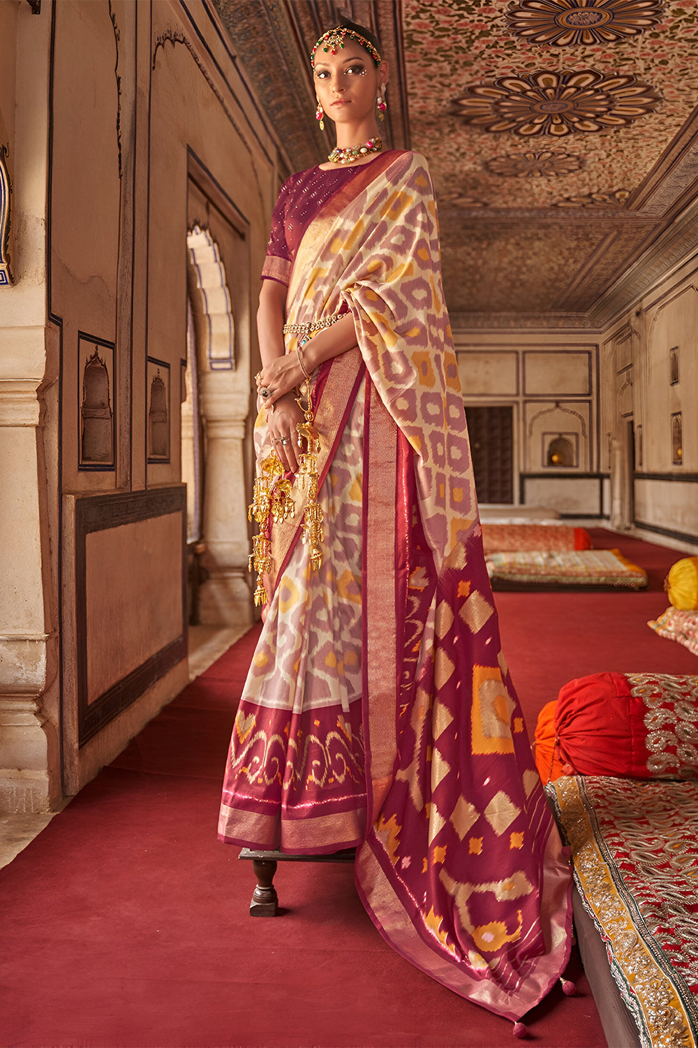 Beige and Maroon Viscose Saree with Zari Border