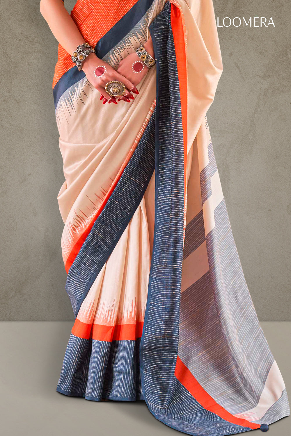 Beige and Orange Double Border Saree