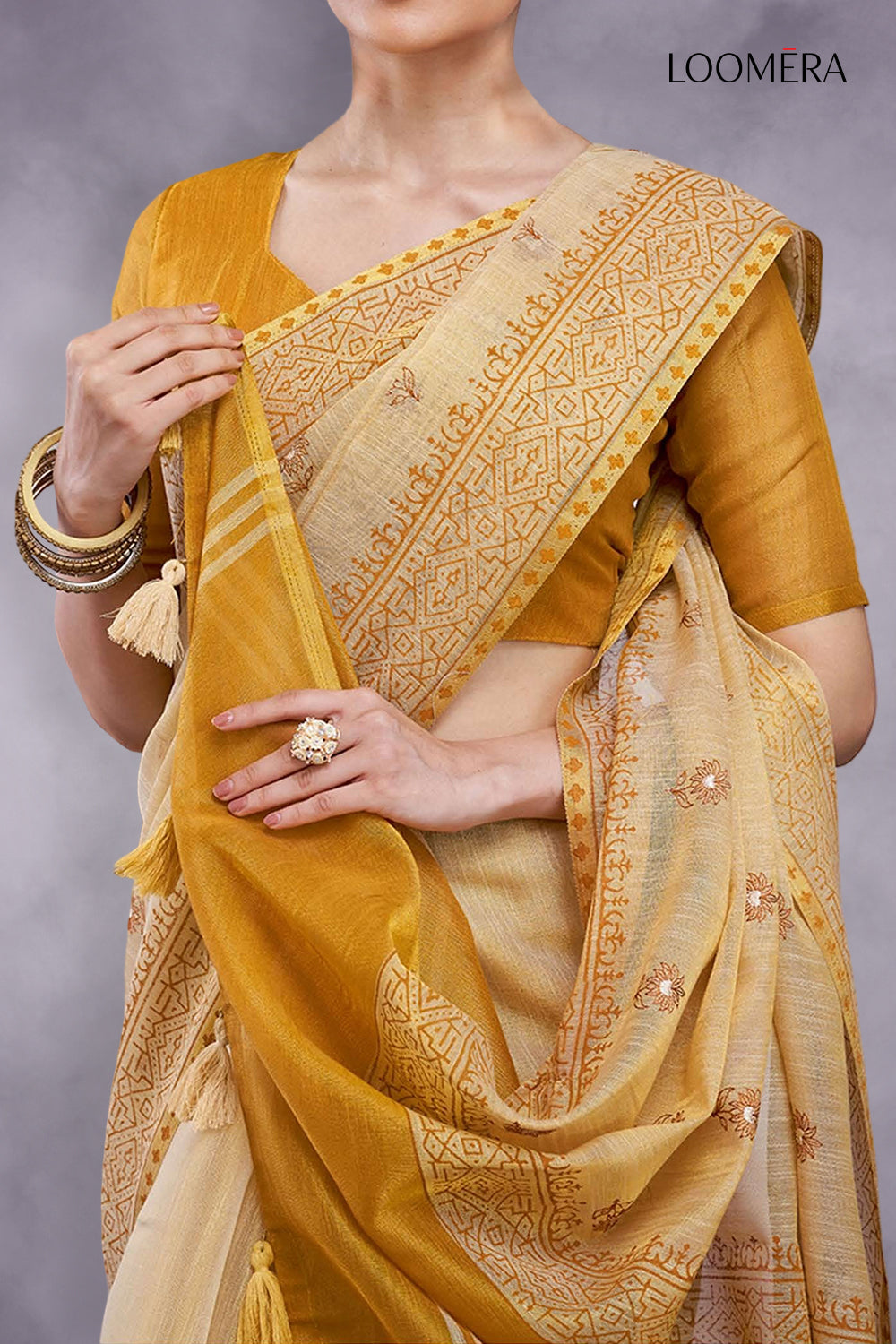 Beige Brown Cotton Silk Saree