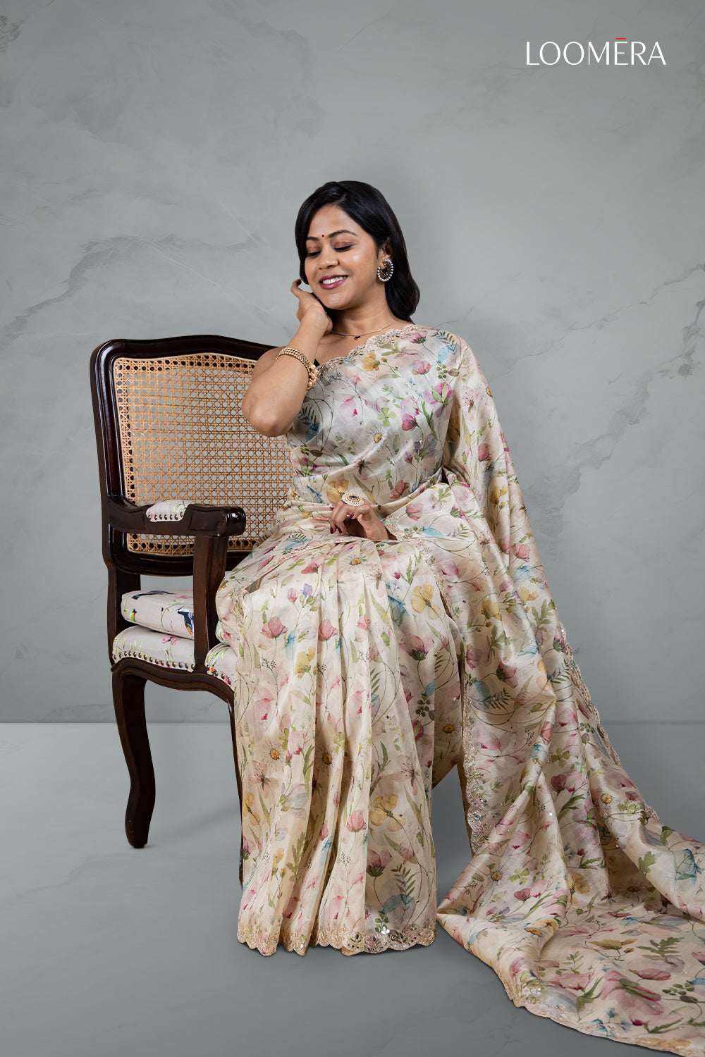 Beige Floral Print Saree