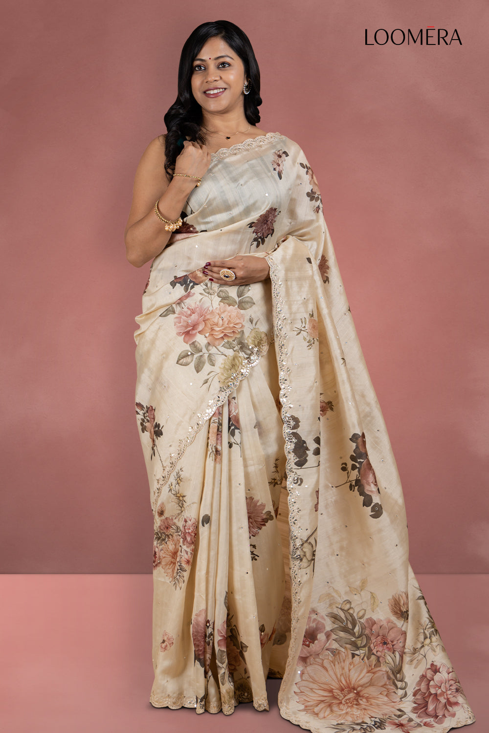 Beige Floral Tussar Saree