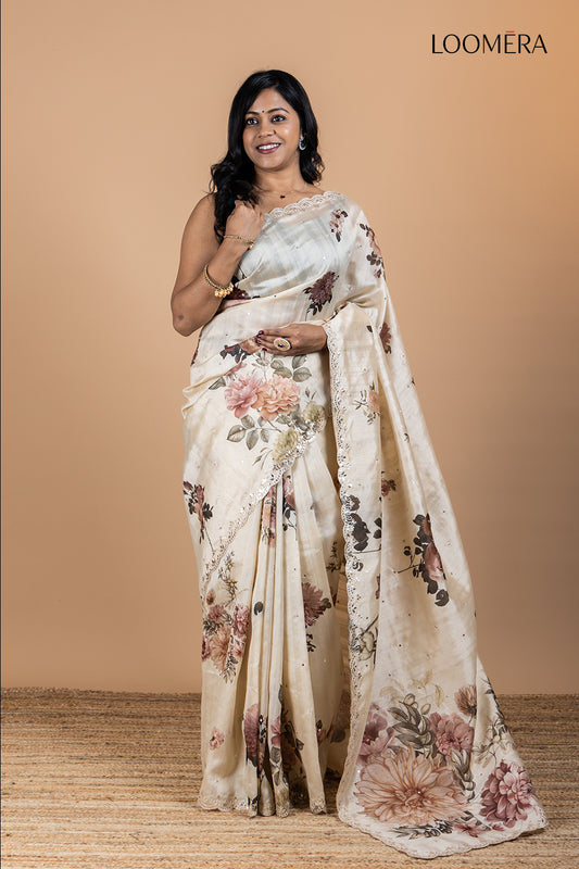 Beige Floral Tussar Silk Saree