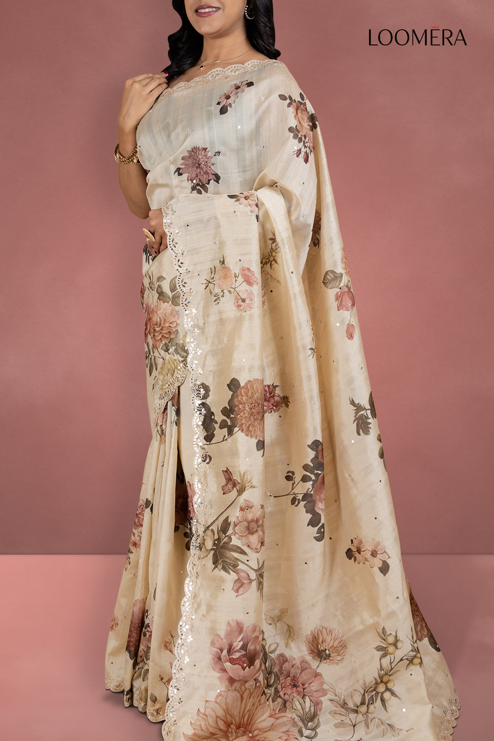 Beige Floral Tussar Silk Saree