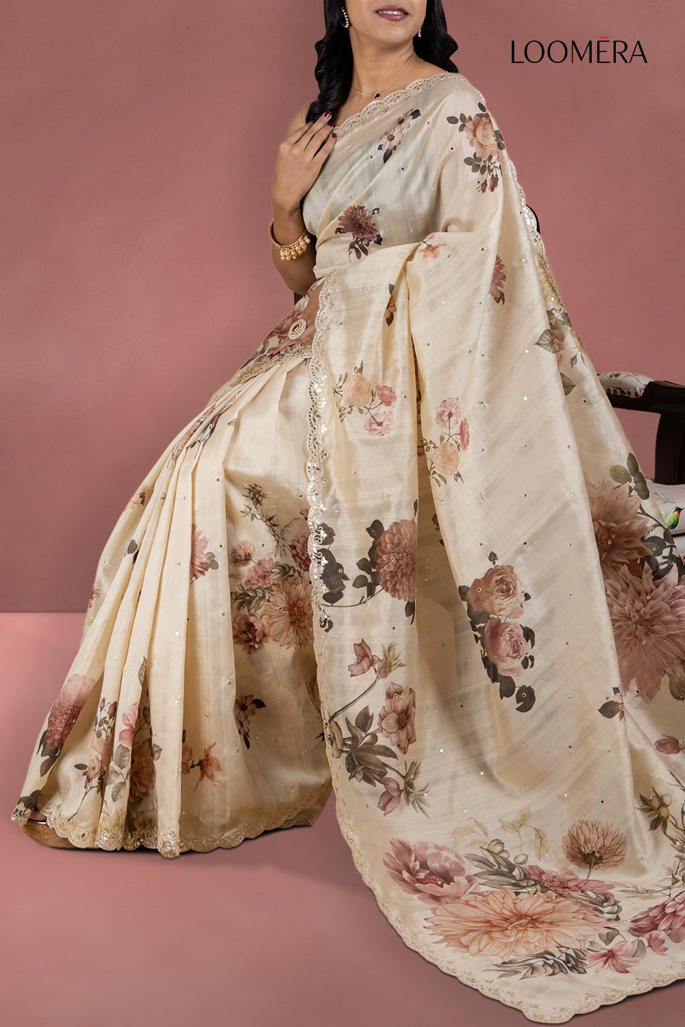 Beige Floral Tussar Saree