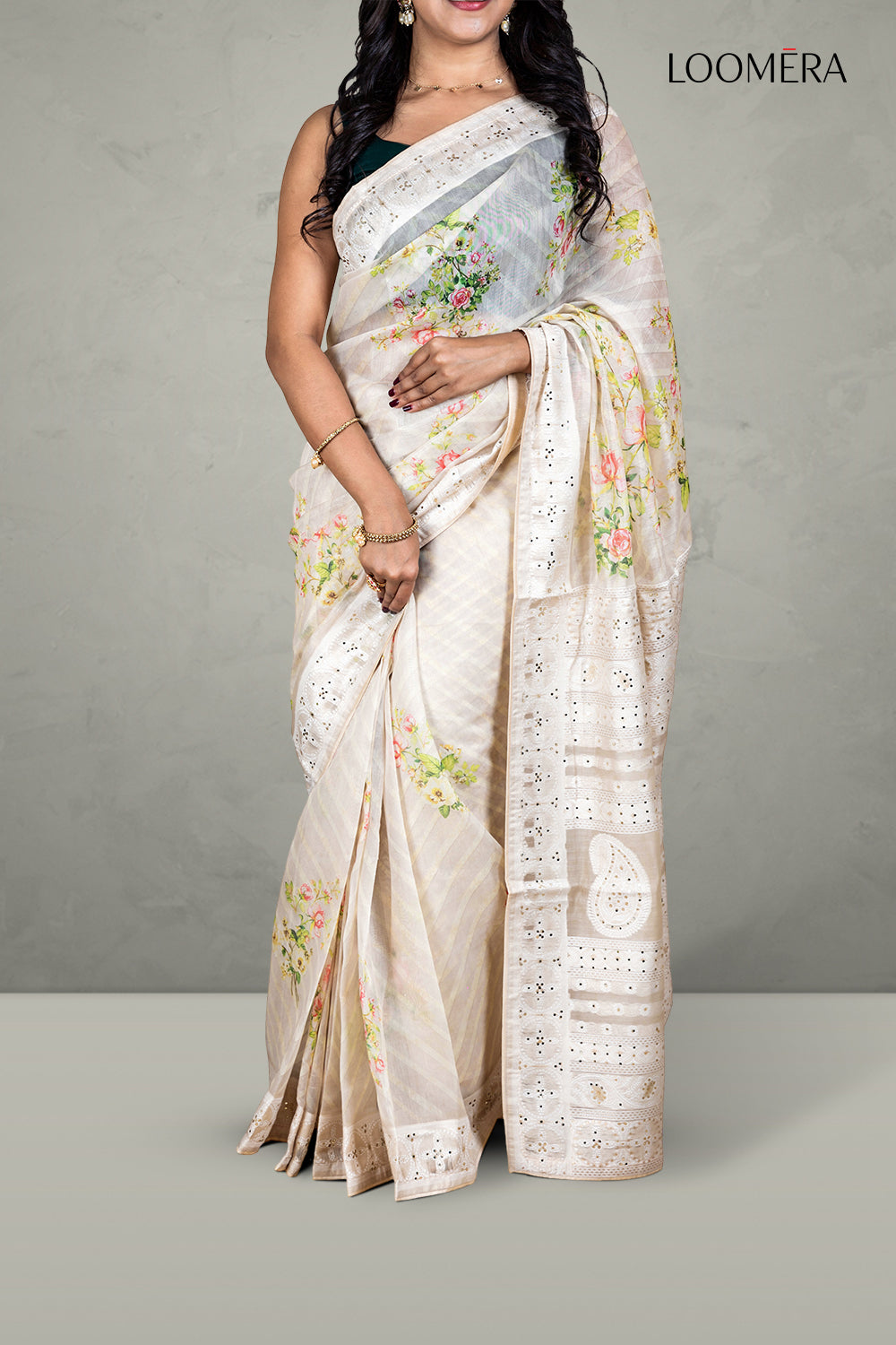 Beige Saree with Mirror Border