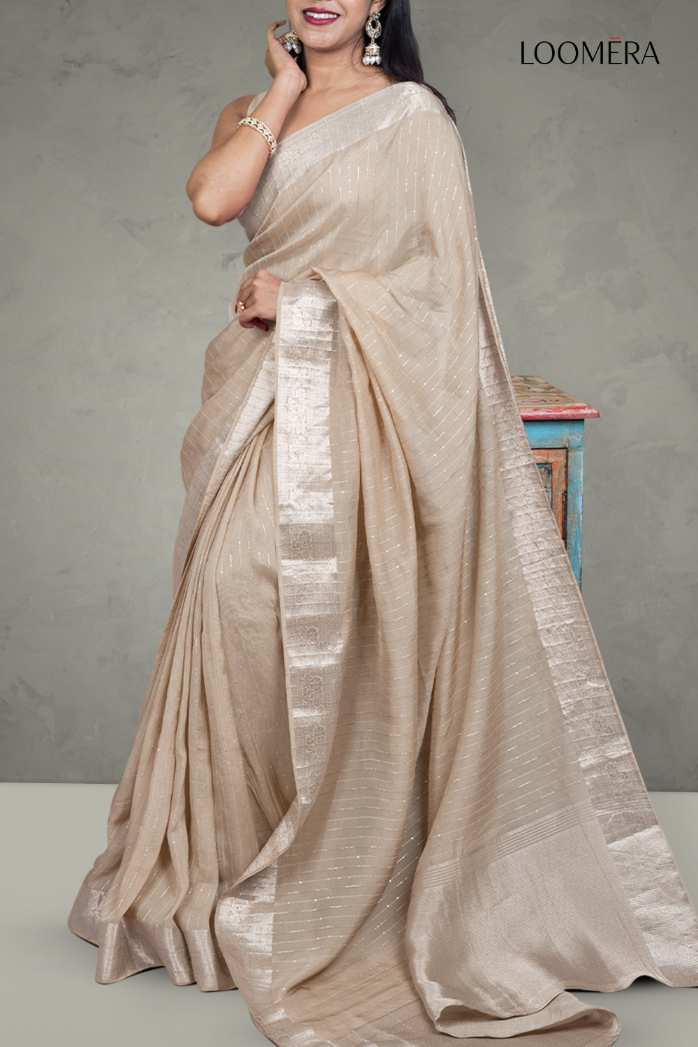 Beige Sequined Line Saree
