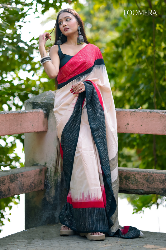 Beige Saree with Red Border
