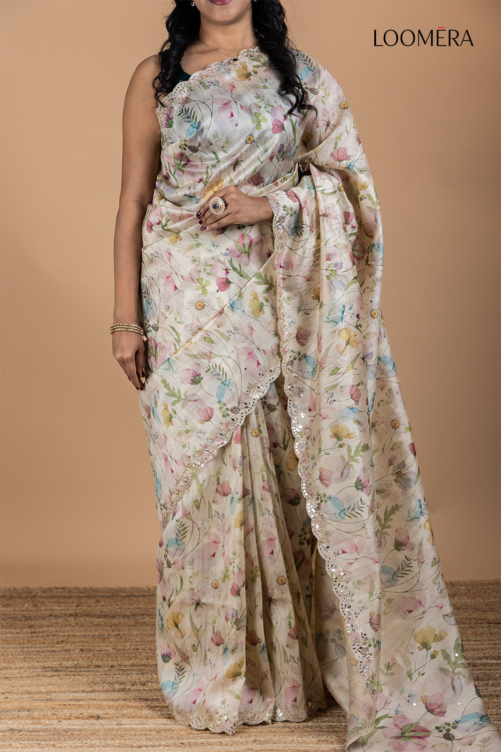 Beige Tussar Silk Saree with Floral Print