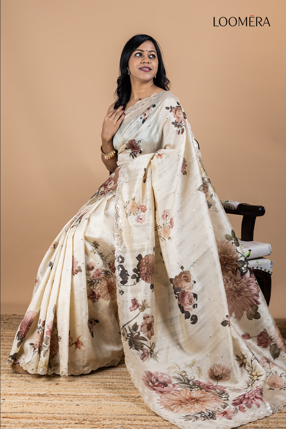 Beige Tussar Silk Saree with Mirror Work