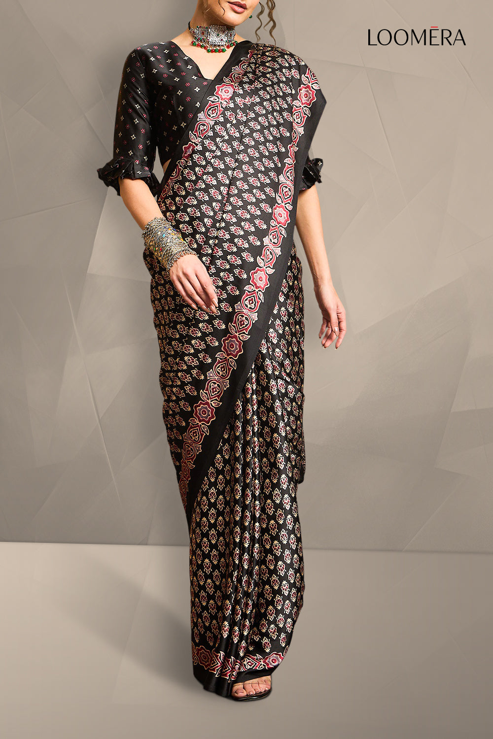 Black Ajrakh Design Saree Gaji Silk