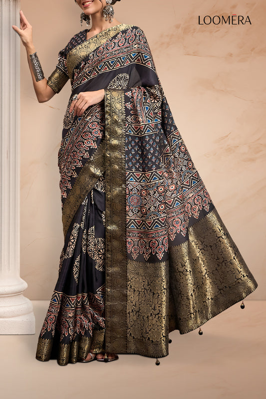 Black Ajrakh Design Viscose Jari Saree