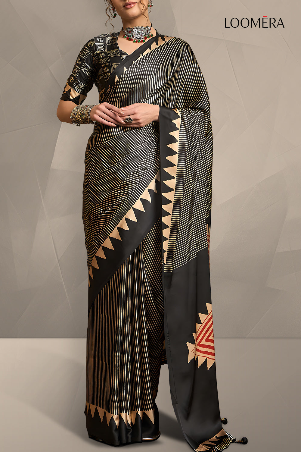 Black Ajrakh Gaji Silk Saree with Stripes
