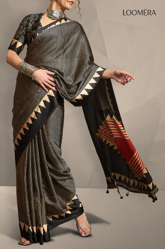 Black Ajrakh Gaji Silk Saree with Stripes