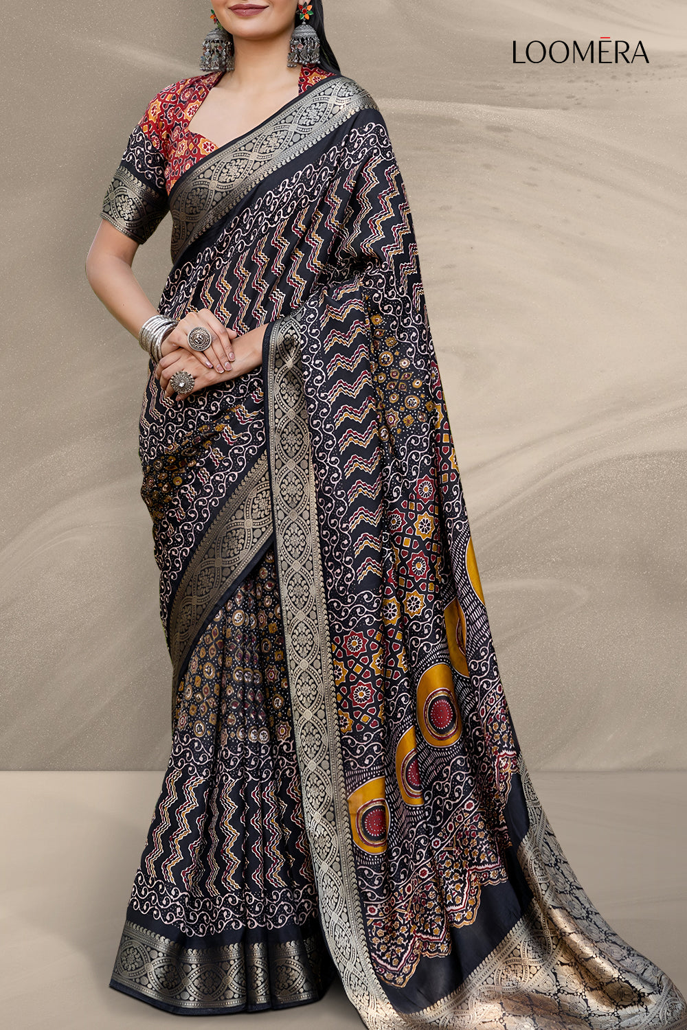 Black Ajrakh Printed Jari Saree