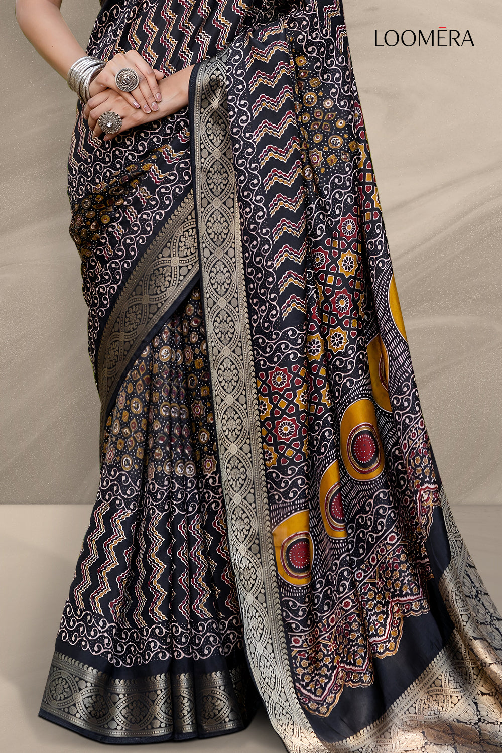 Black Ajrakh Printed Viscose Saree