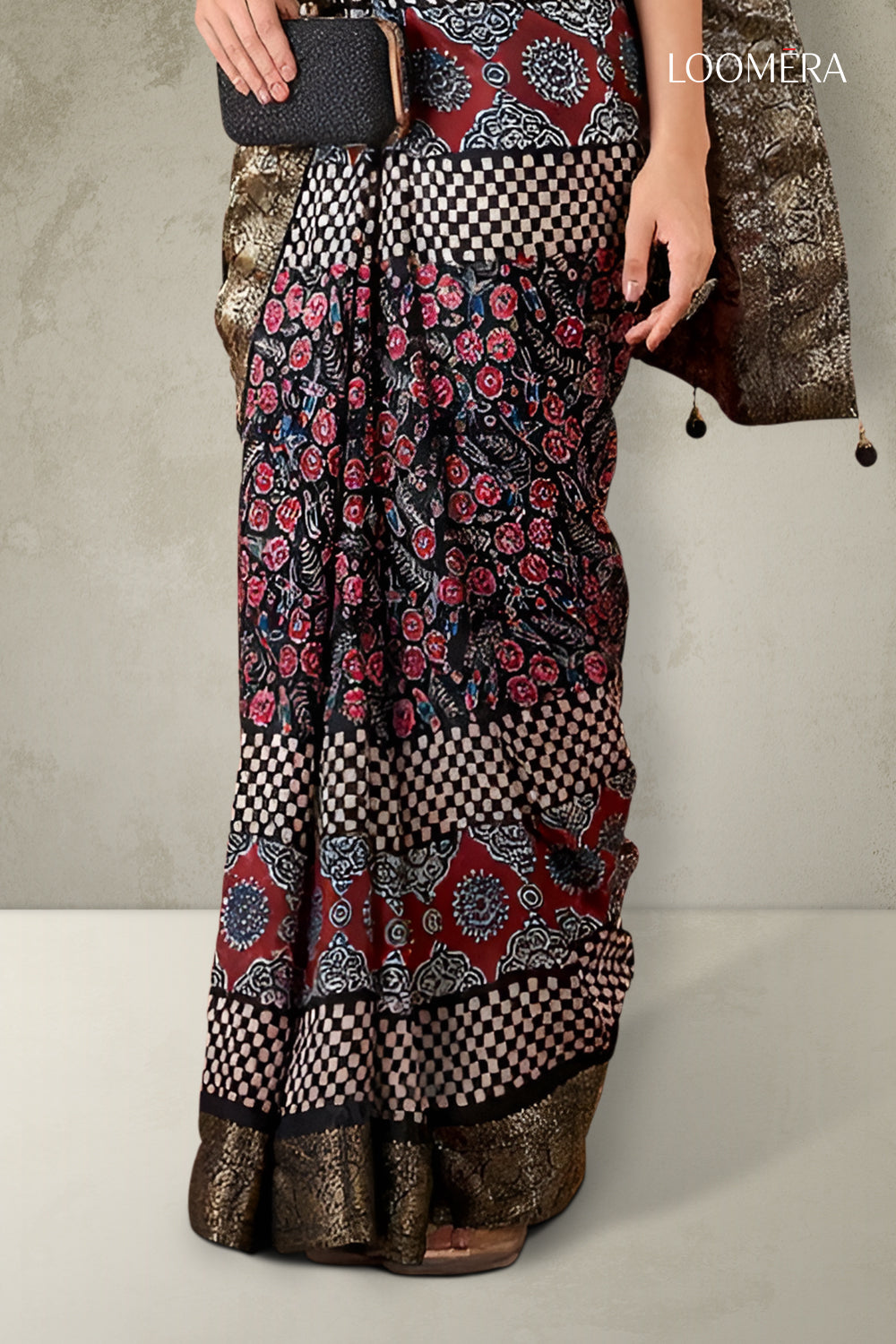 Black Ajrakh Saree with Copper Zari work