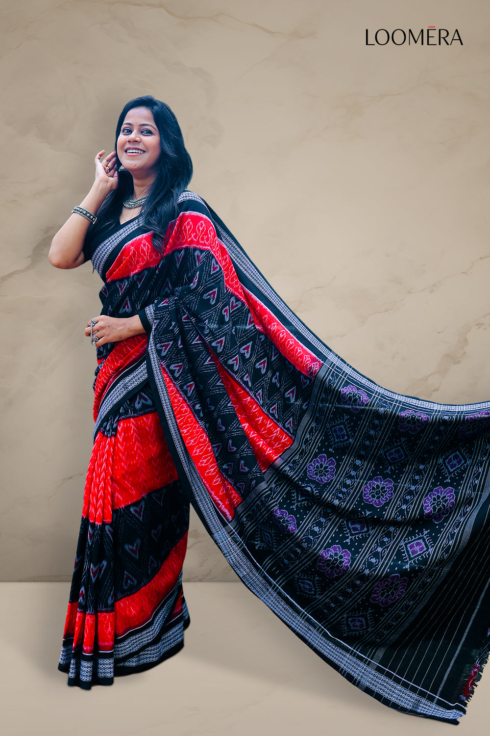 Black and Red Pure Sambalpuri Cotton Saree