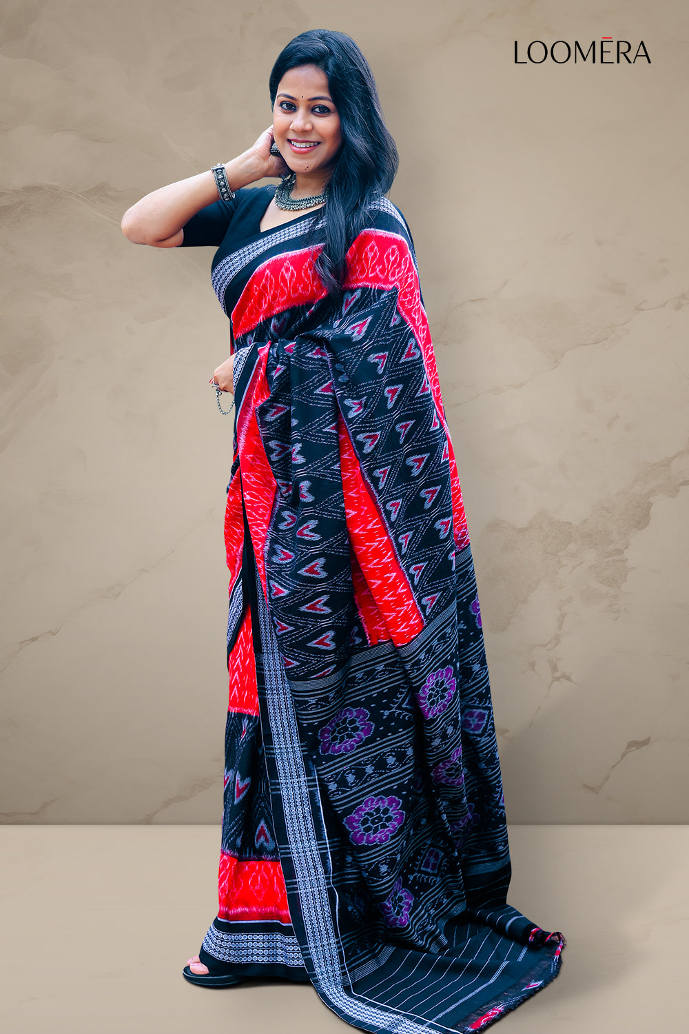 Black and Red Sambalpuri Cotton Saree
