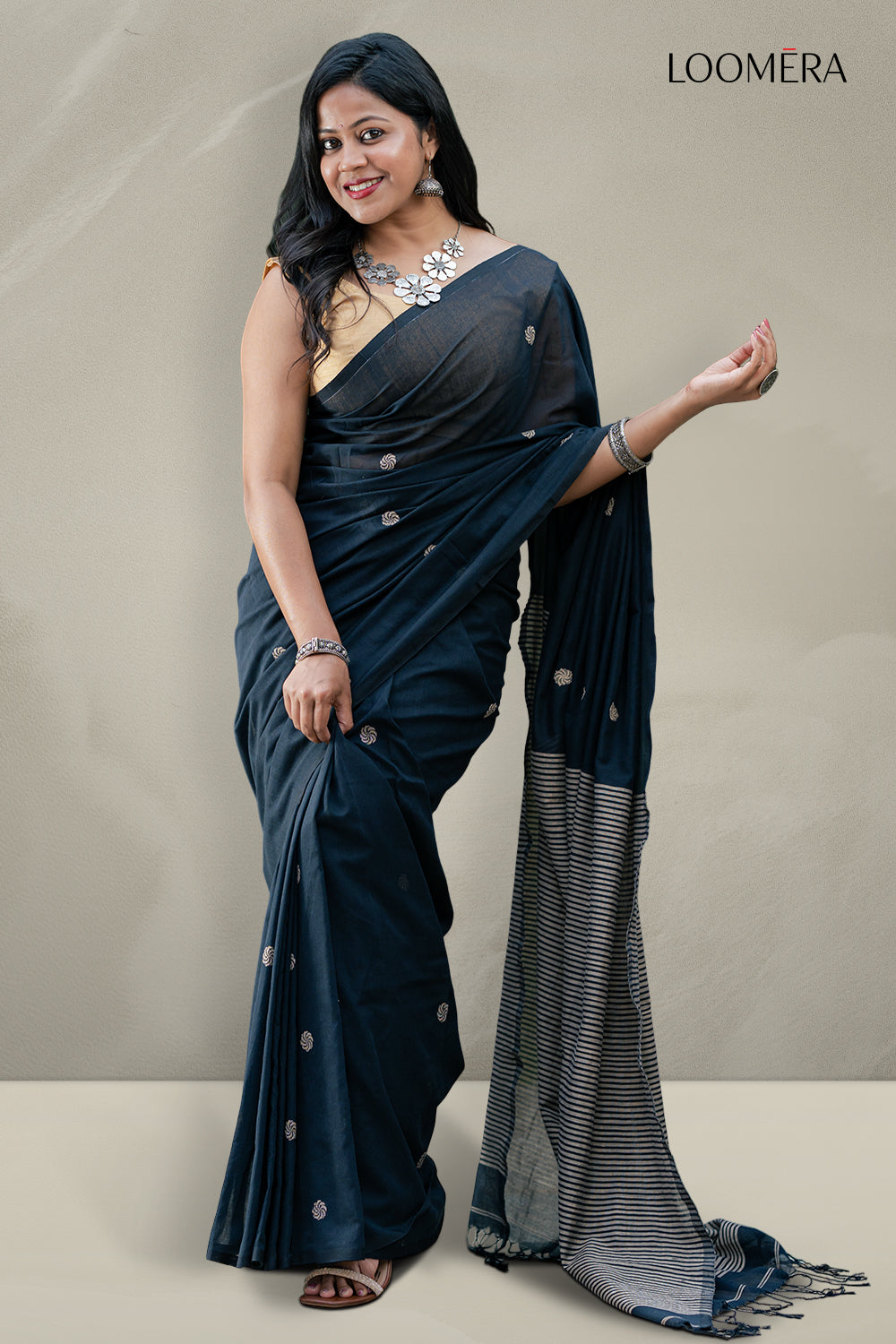 Black Cotton Saree With Butta