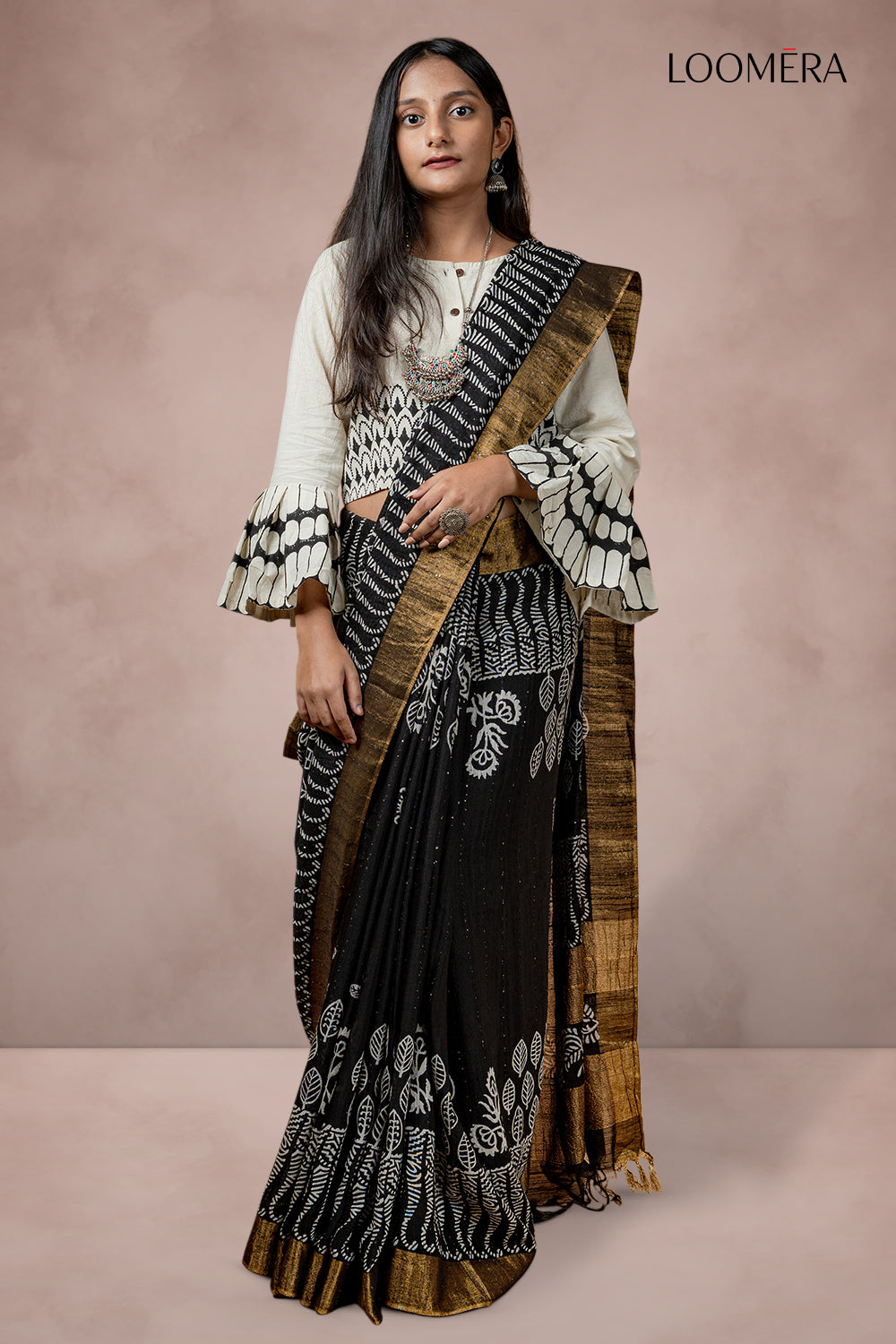 Black Cotton Saree with Block Print