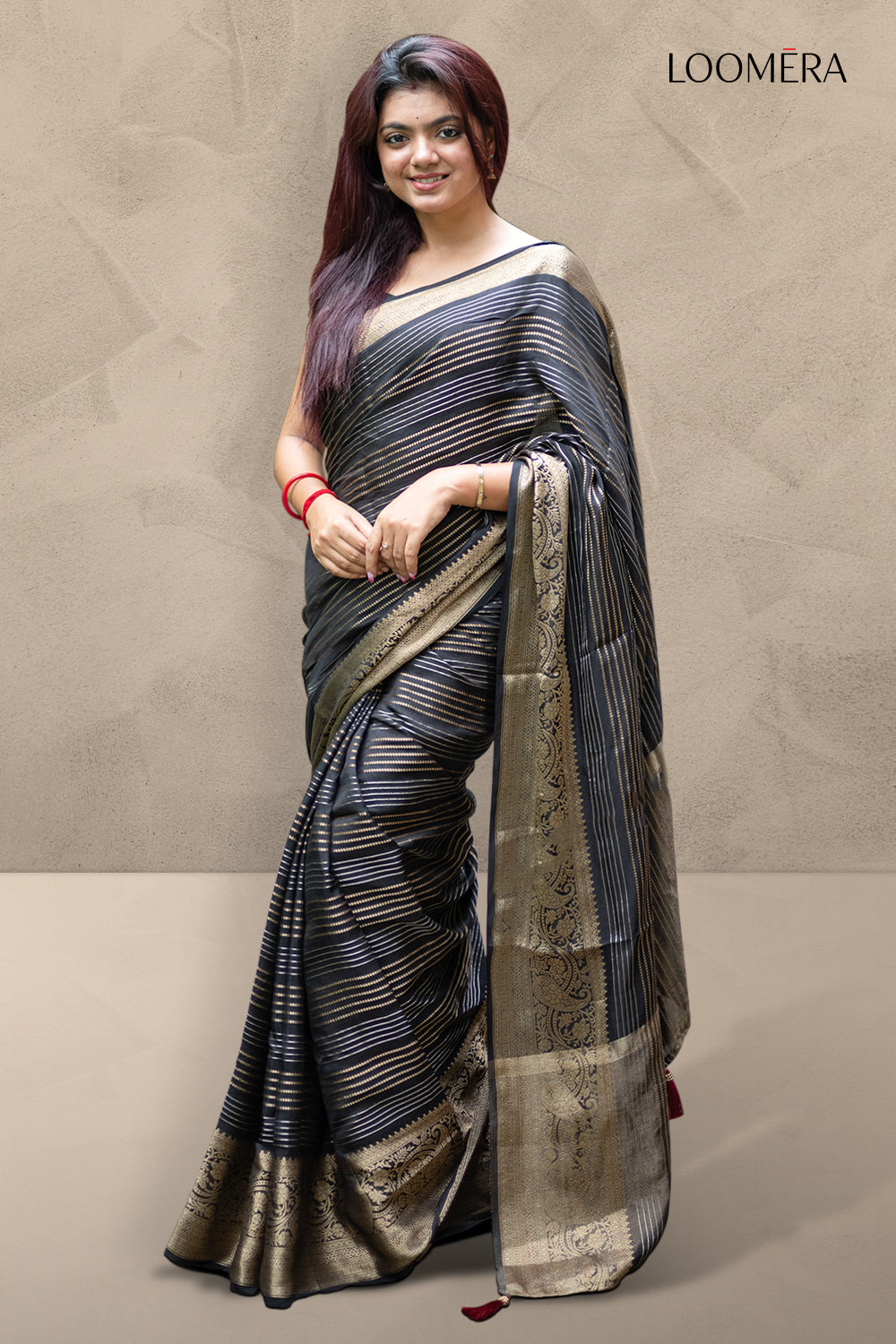 Black Dola Silk Saree with Zari Border