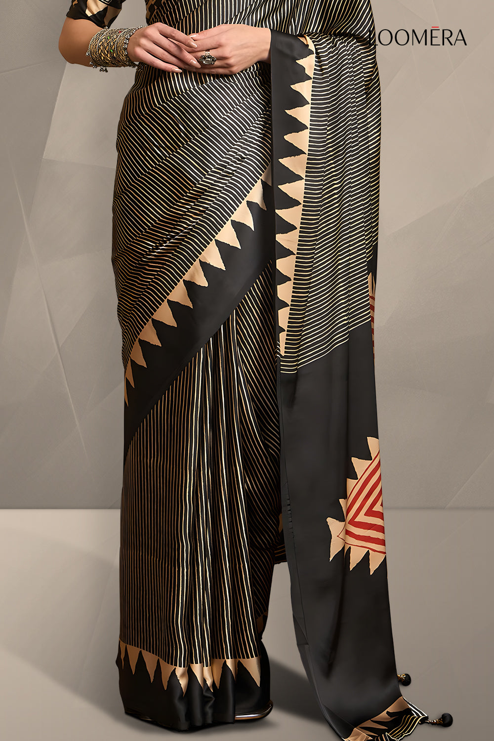 Black Gaji Silk Saree with Stripes