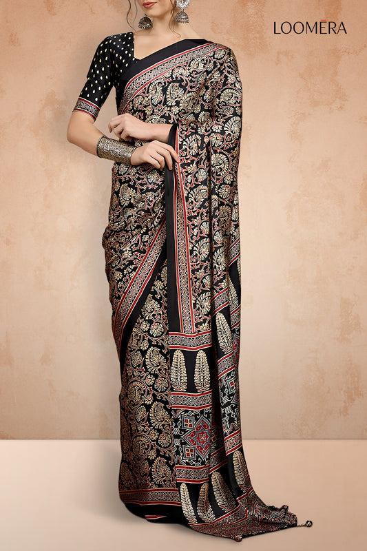 Black Gajji Silk Saree with Floral Prints