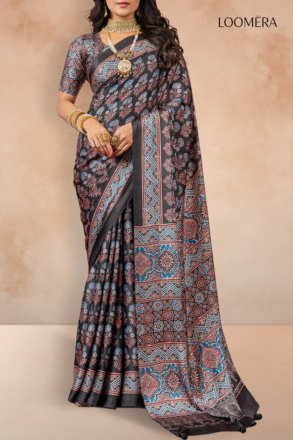 Black Gajji Silk Saree with Multicolor Prints
