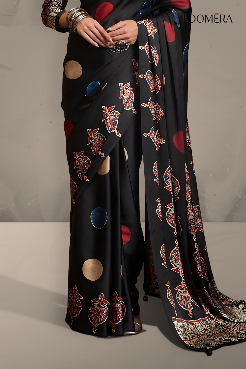 Black Modal Silk Saree with Multicolor Prints