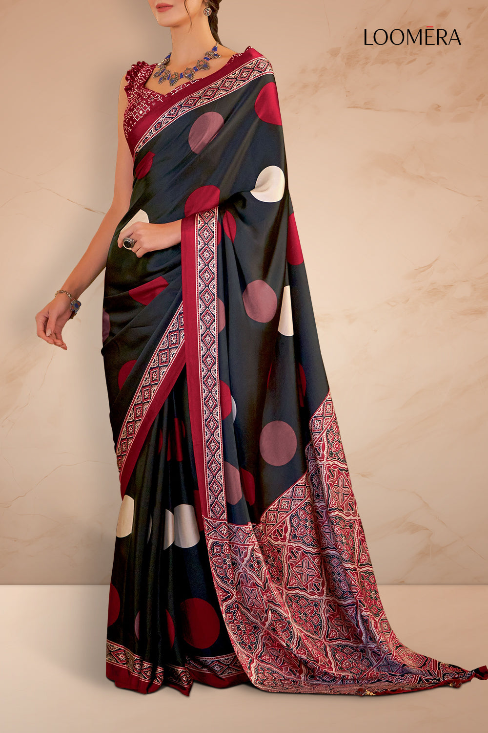 Black Polka Print Gajji Silk Saree