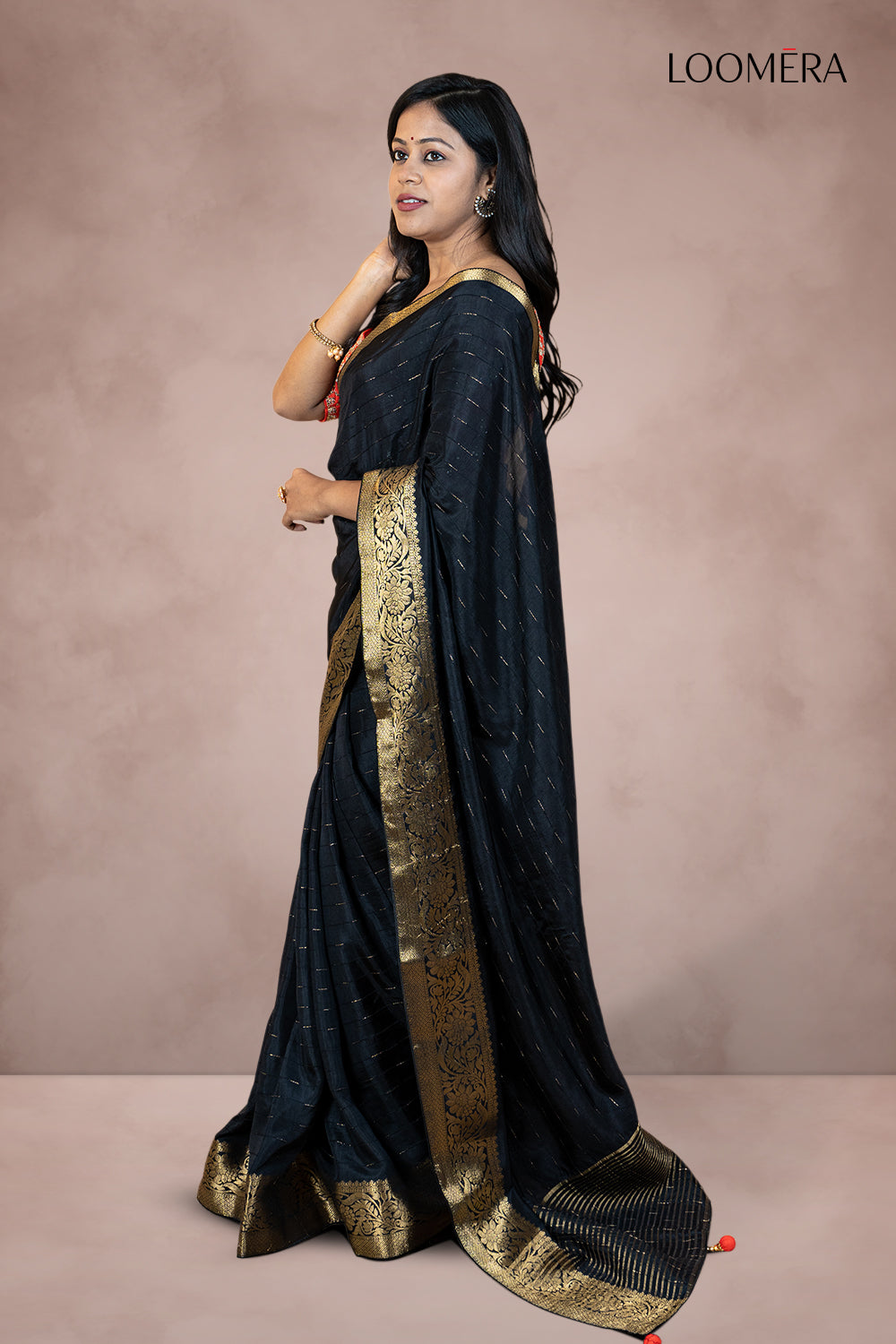 Black Saree with Golden Zari Border