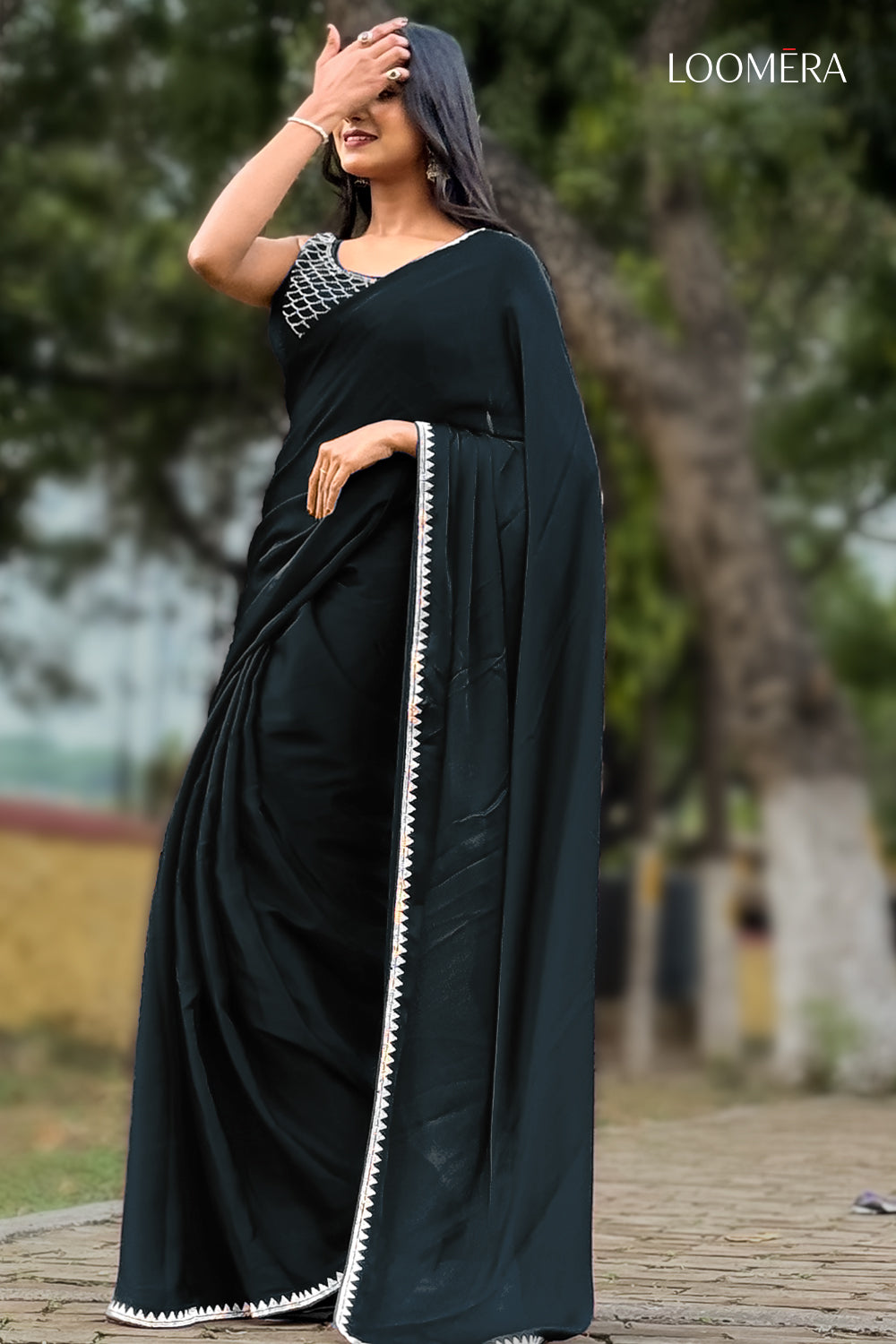 Black Satin Saree with Blouse Piece