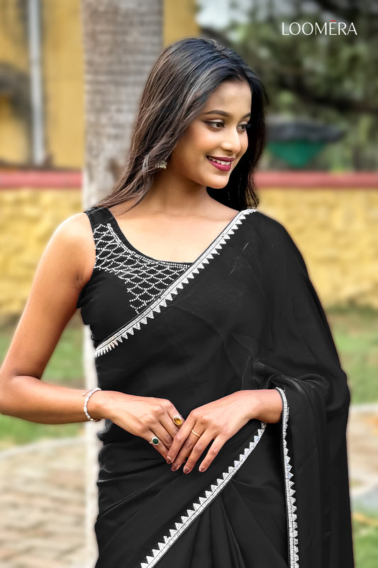Black Satin Saree with Stone Work