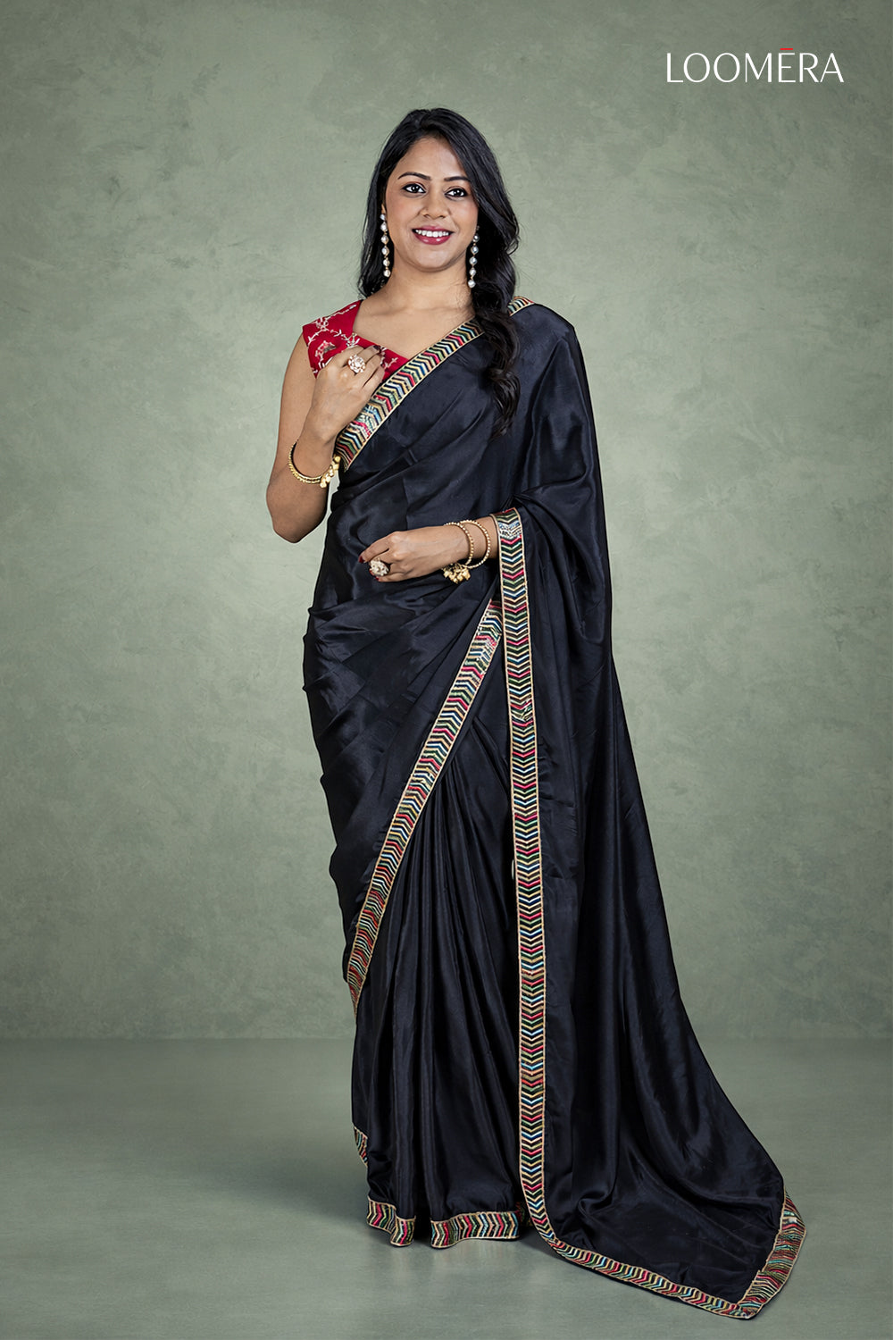 Black Sequin Border Crepe Saree