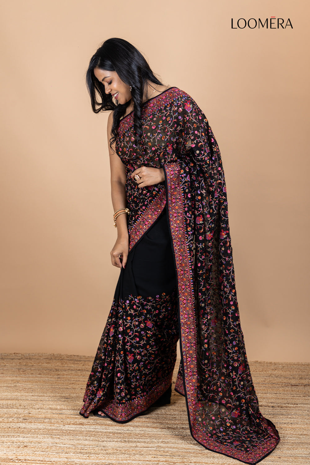 Black Silk Saree with Intricate Pashmina Design Work