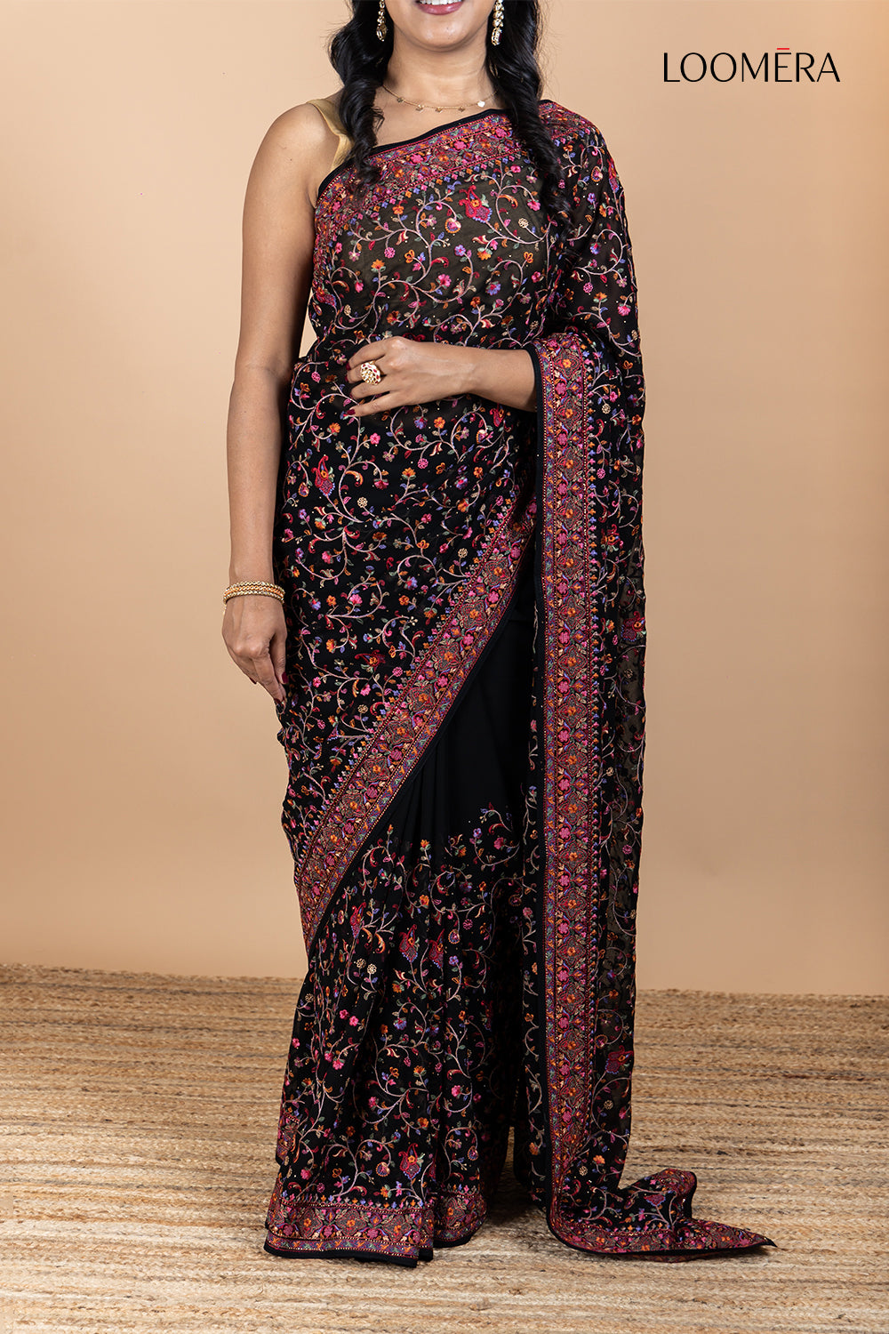 Black Silk Saree with Pashmina Design Work