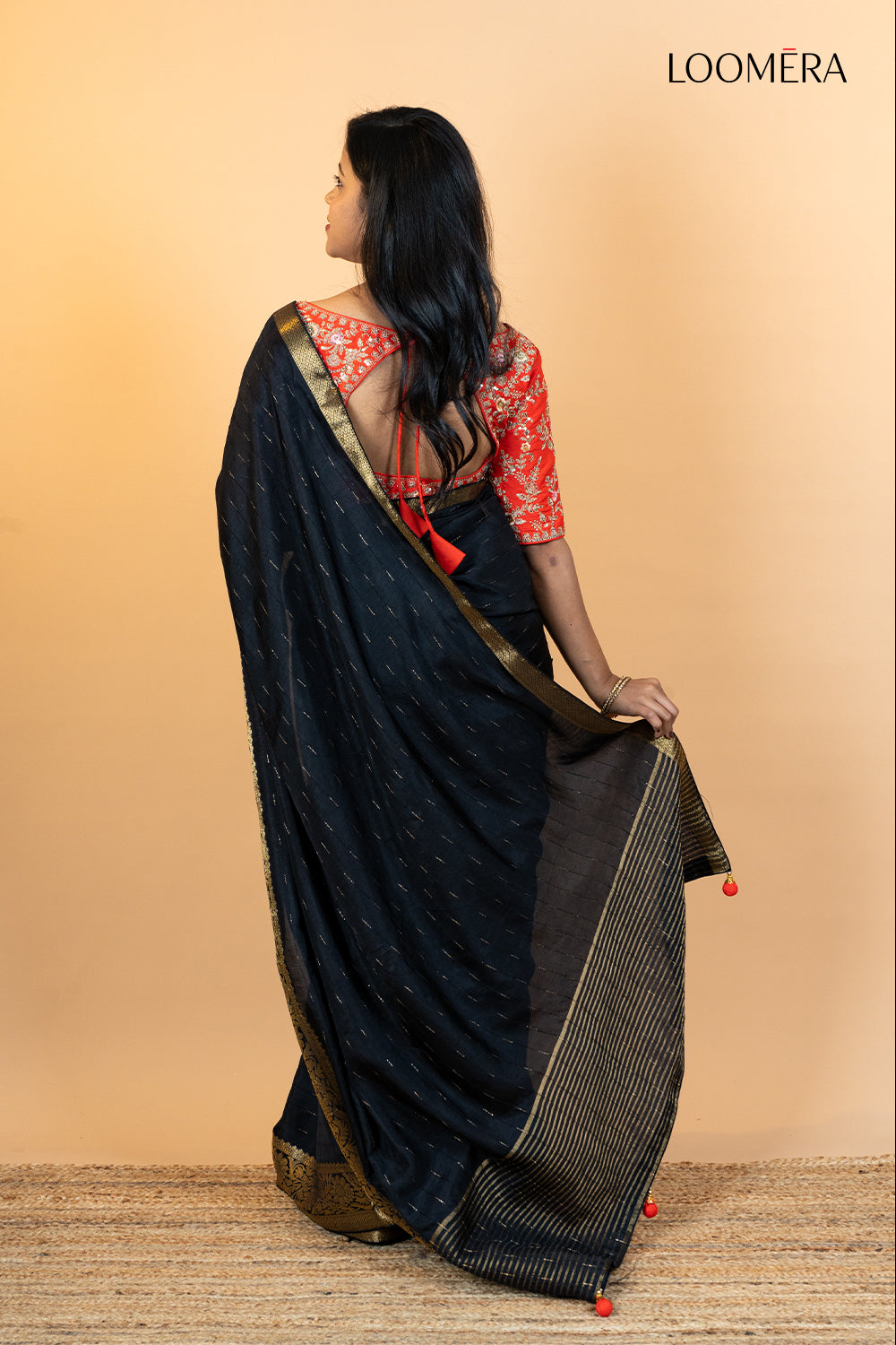 Black Viscose Silk Saree with Golden Zari Border