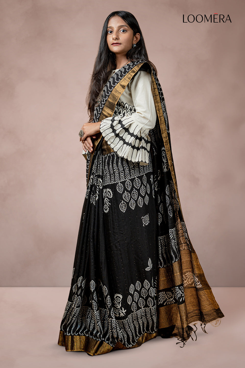 Block Print Saree Black
