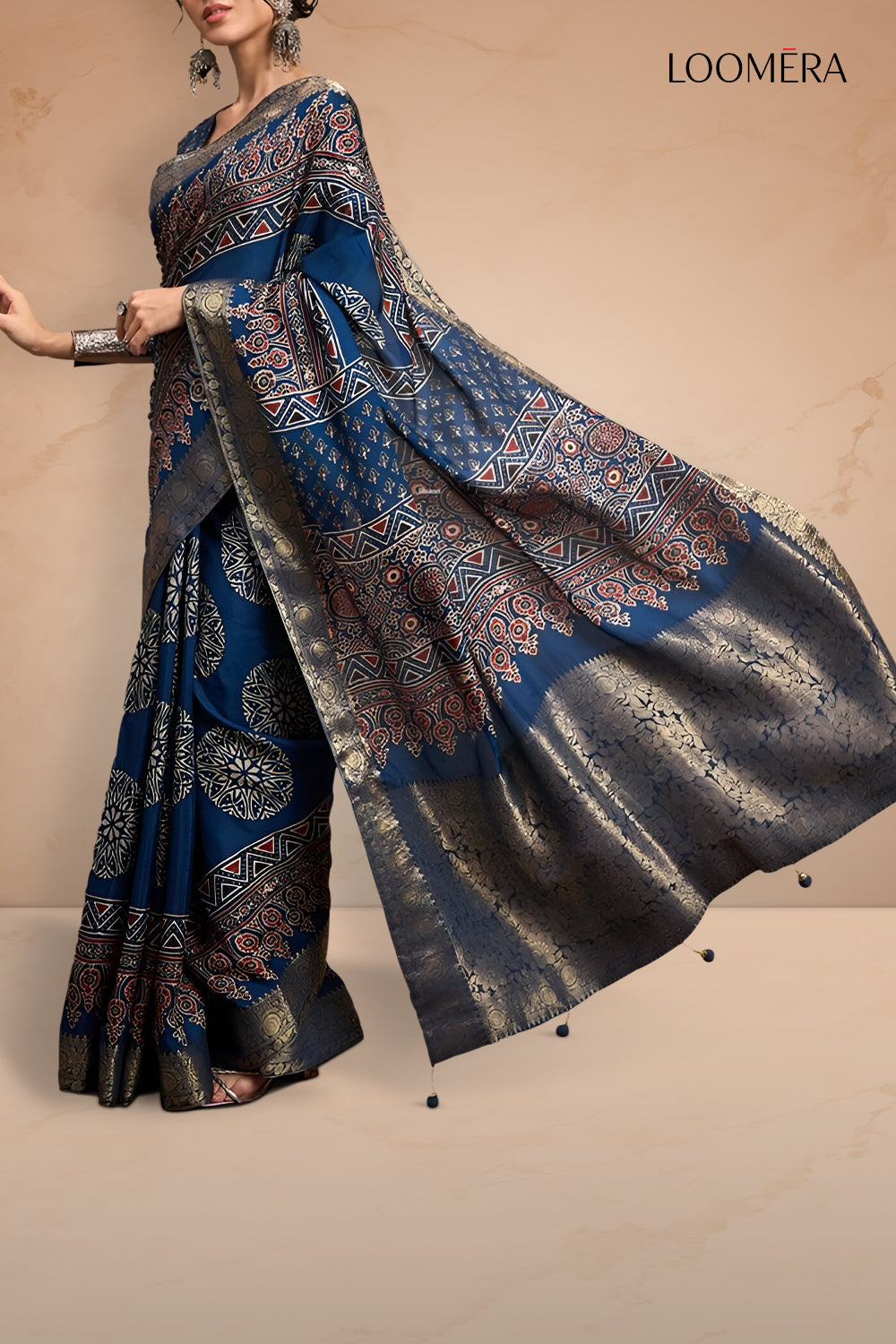 Blue Ajrakh Design Saree