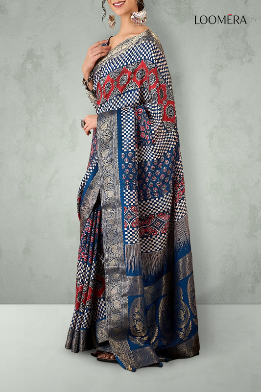 Blue Ajrakh Saree with Zari Border