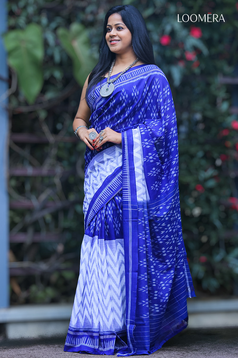 Blue and White Ikat Handloom Saree