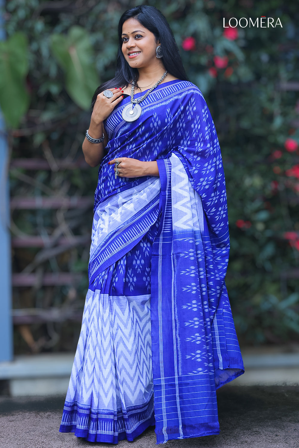 Blue and White Ikat Saree