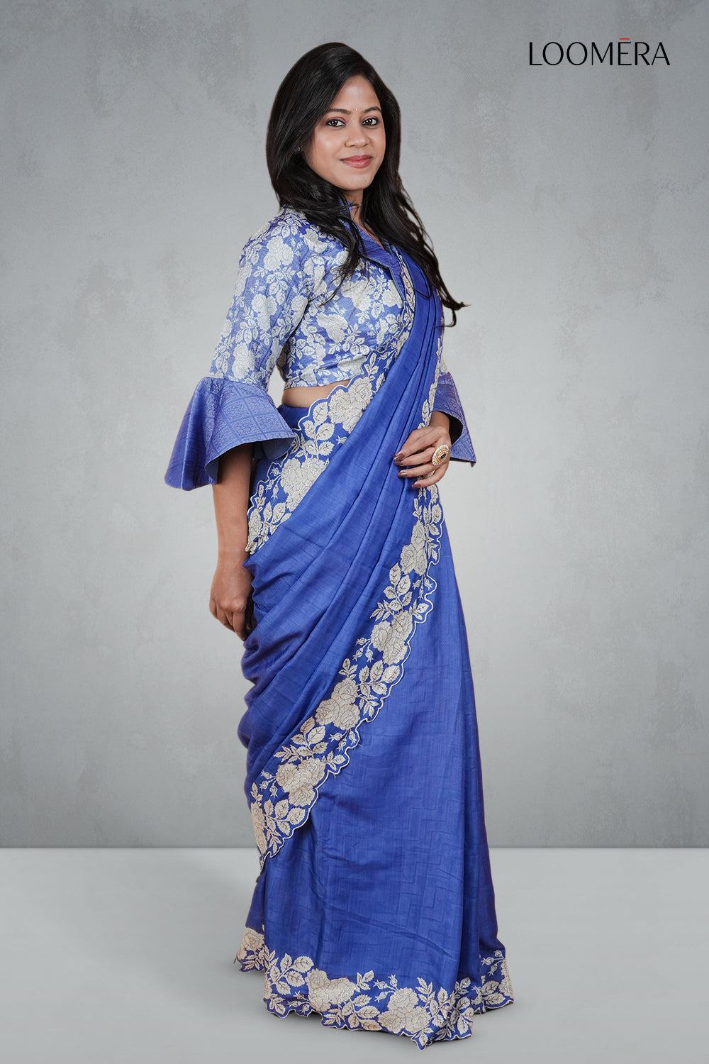 Blue Embroidered Floral Saree