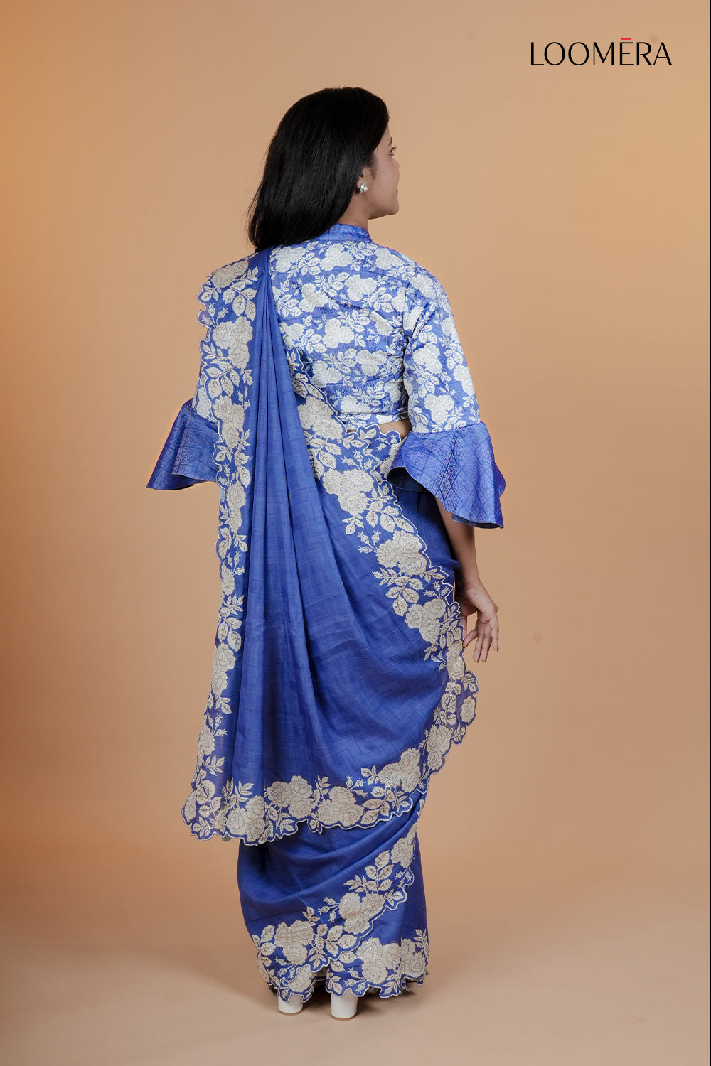 Blue Embroidered Floral Scallop Border Saree