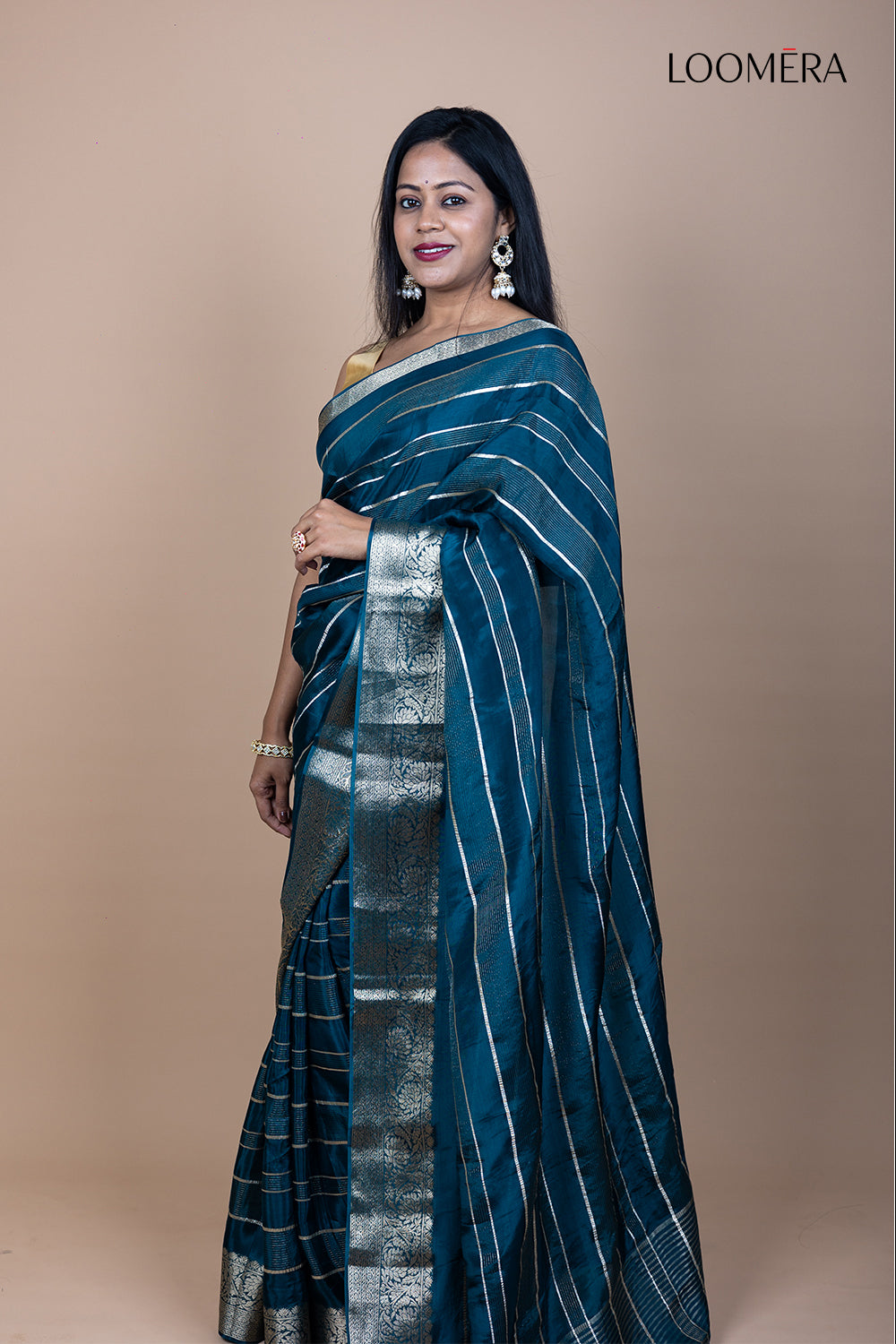 Blue Saree with Silver Zari Lines and Floral Zari Border