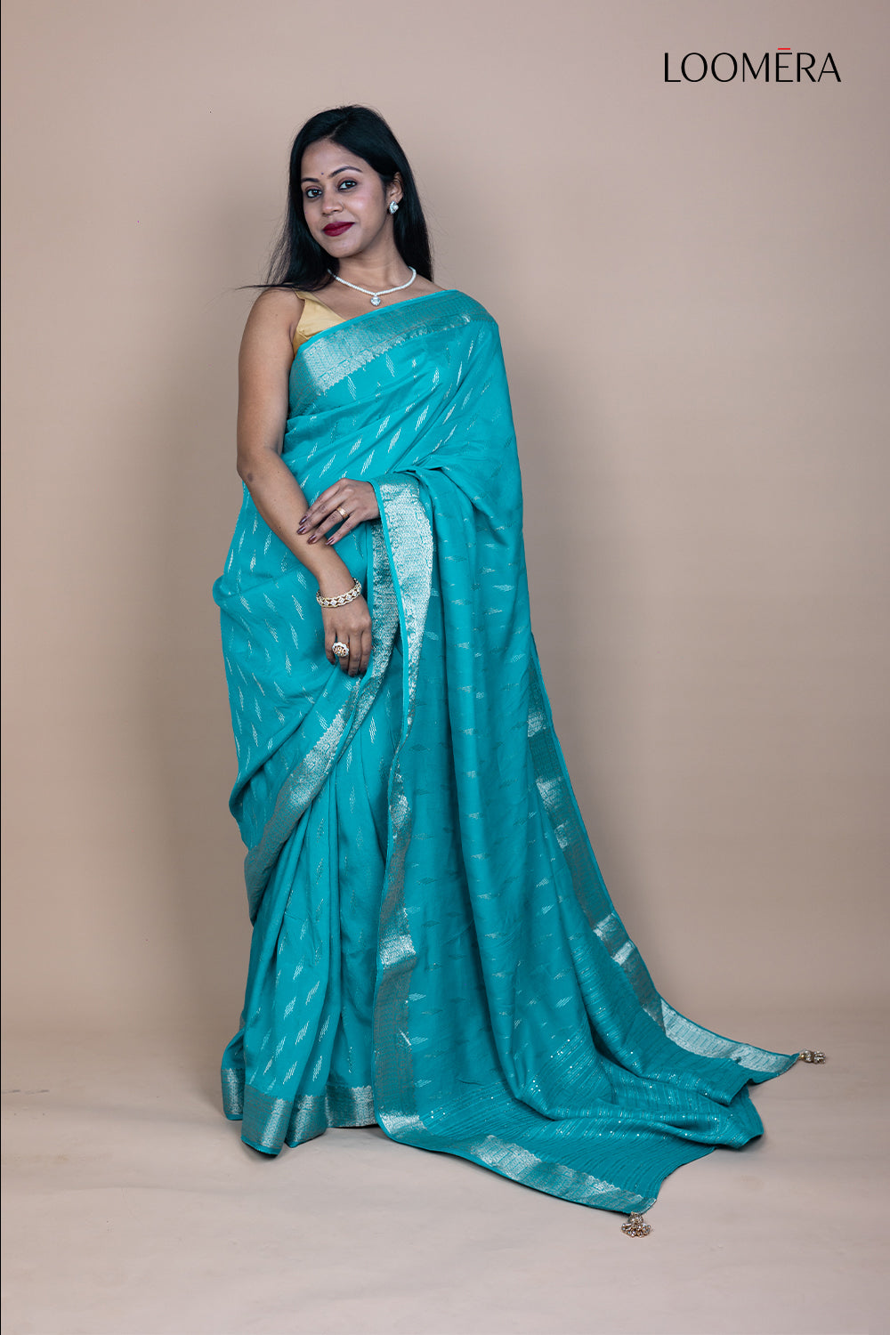 Blue Semi Silk Saree with Silver Butta