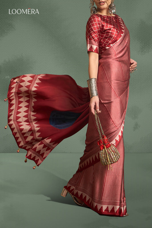 Brick Red Gaji Modal Silk Saree with Ajrakh Prints