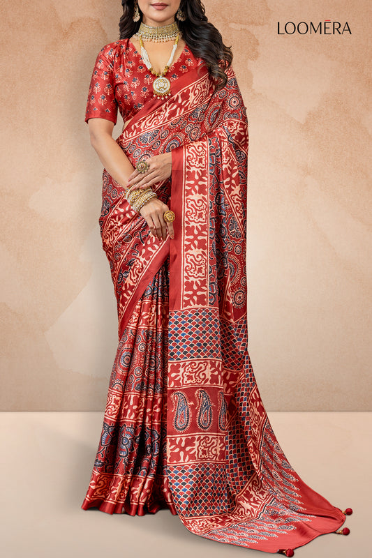 Brick Red Gajji Silk Saree with Prints